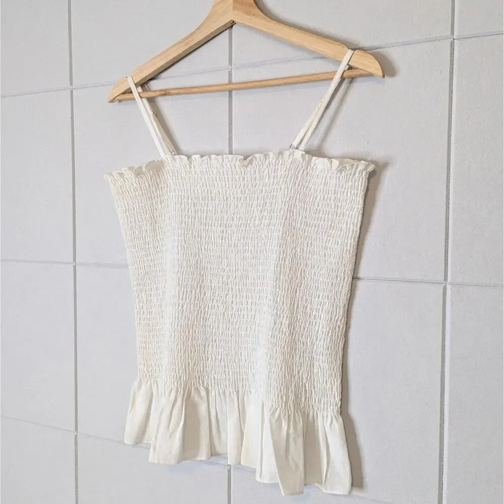 Anthropologie Maeve linen & cotton smocked peplum cami top - Picture 2 of 6